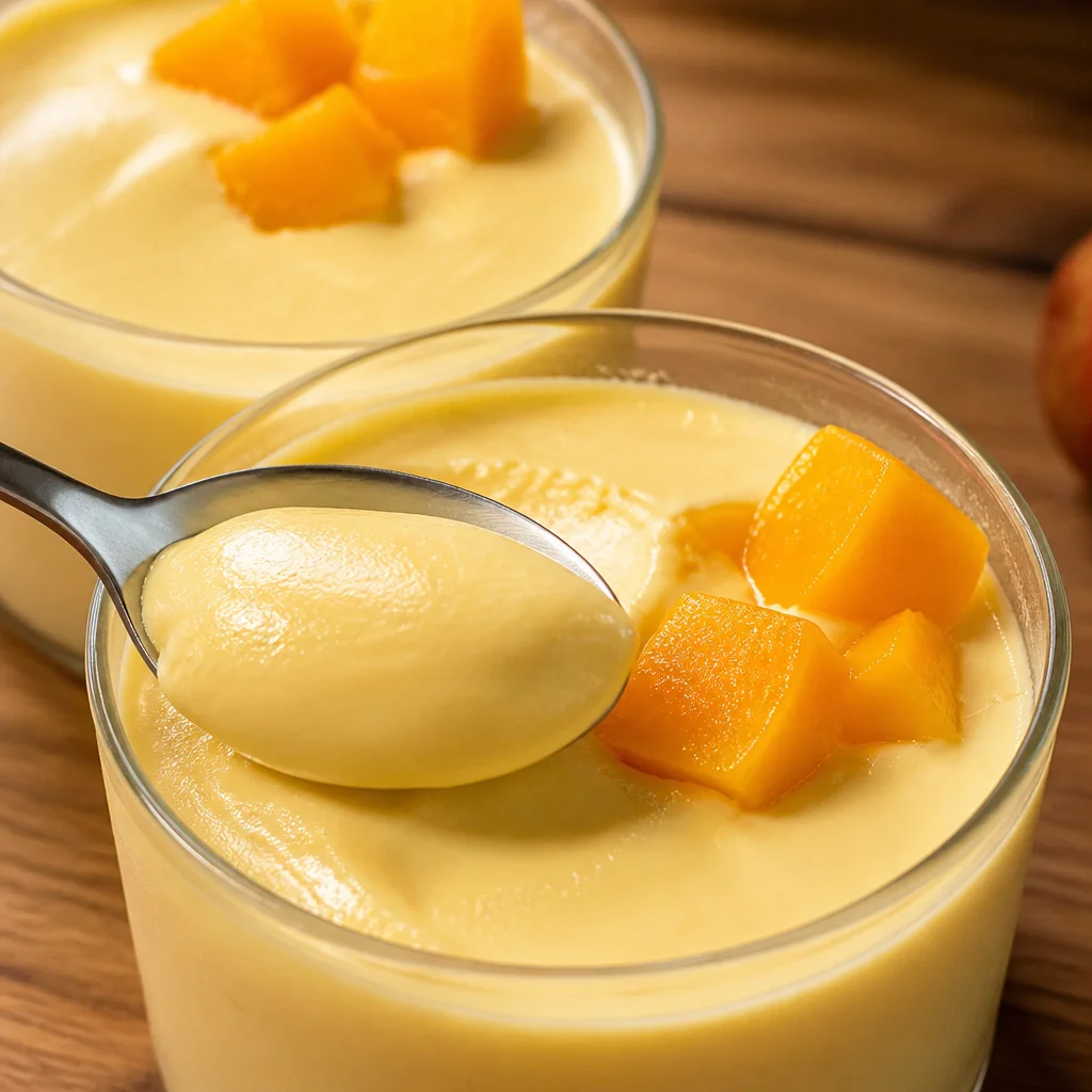 Healthy mango mousse dessert featuring yogurt and ripe mango for a light treat.