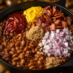 Delicious Easy Ultimate Baked Beans served in a bowl with bacon on top