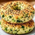Fluffy Zucchini Bagels topped with everything bagel seasoning, low-carb and keto-friendly.