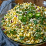 Bowl of Jalapeno Corn Coleslaw with fresh cabbage, corn, and jalapenos.