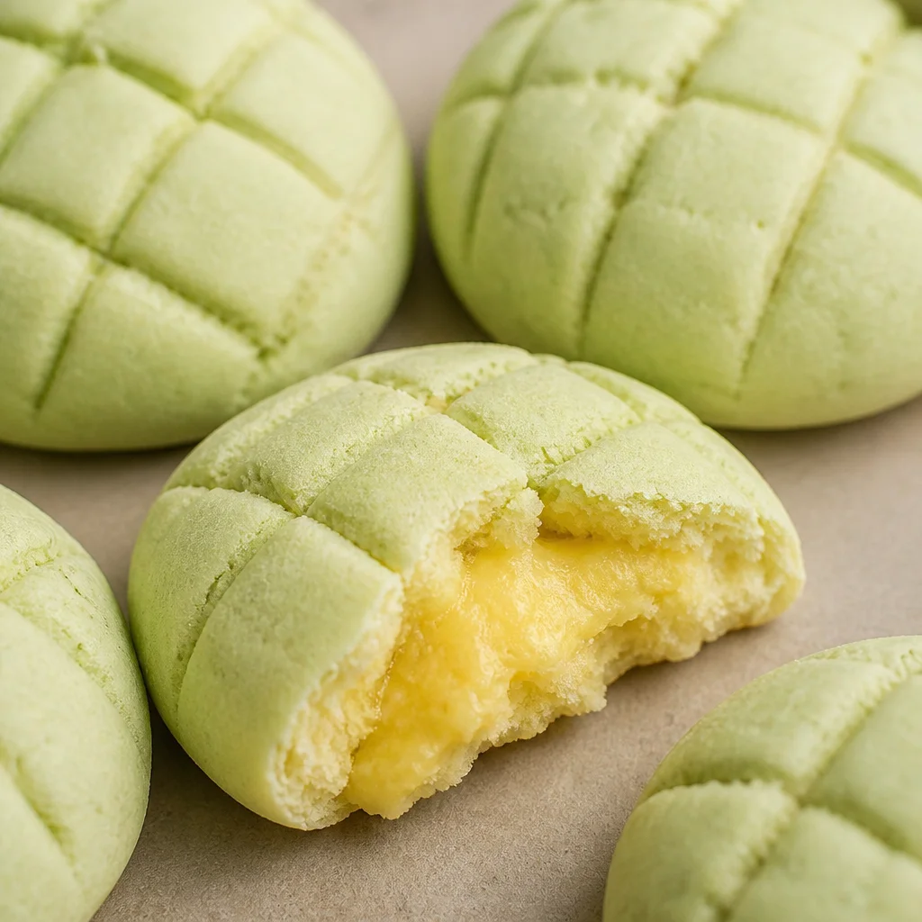 Delicious Japanese Honeydew Bread with honeydew custard filling and crunchy coating.