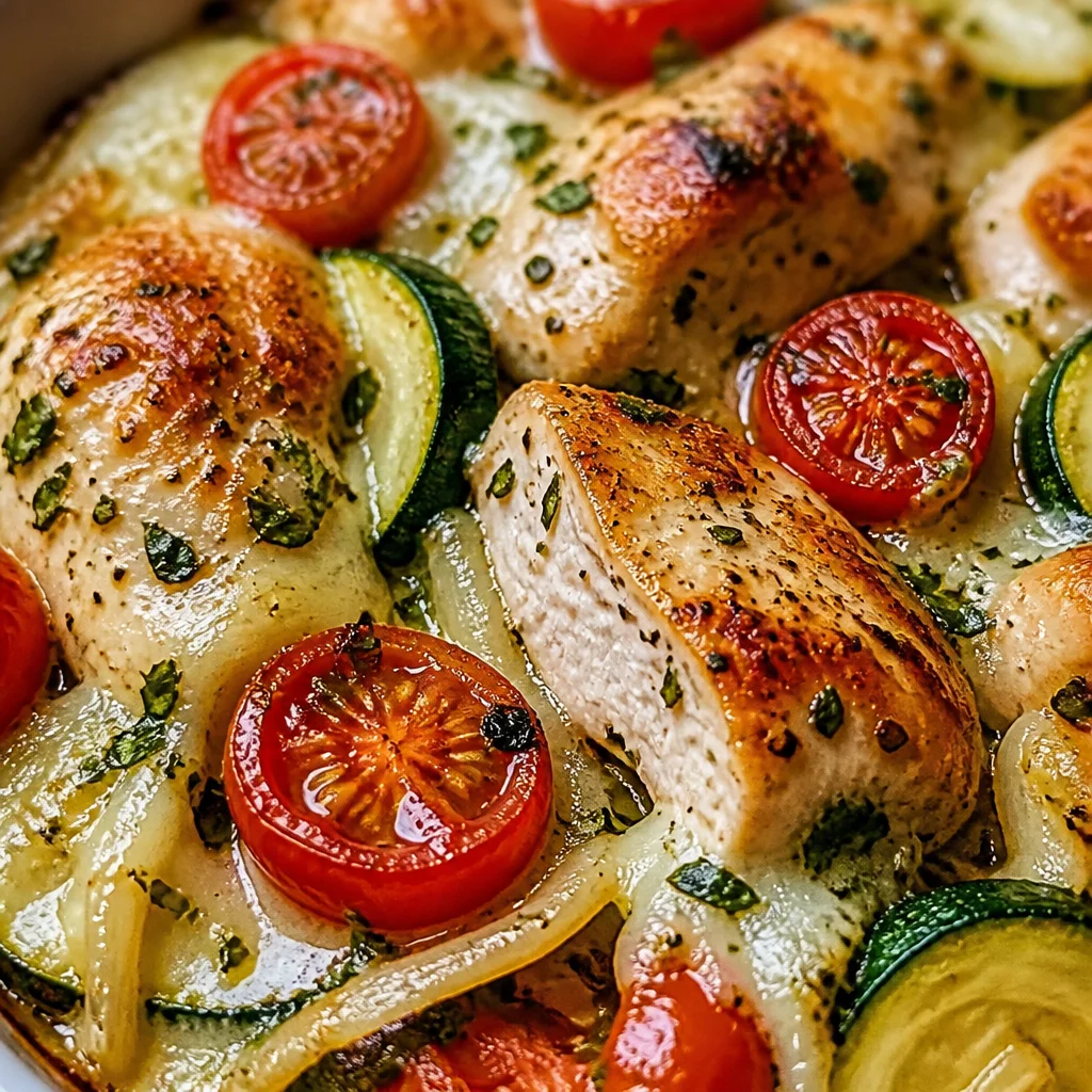 Cheesy Mediterranean chicken zucchini bake with herbs and roasted tomatoes