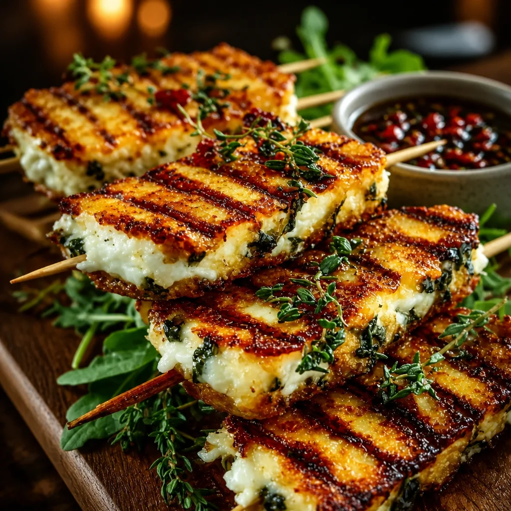 Grilled Halloumi Skewers with Lemon and Thyme, served on a platter.