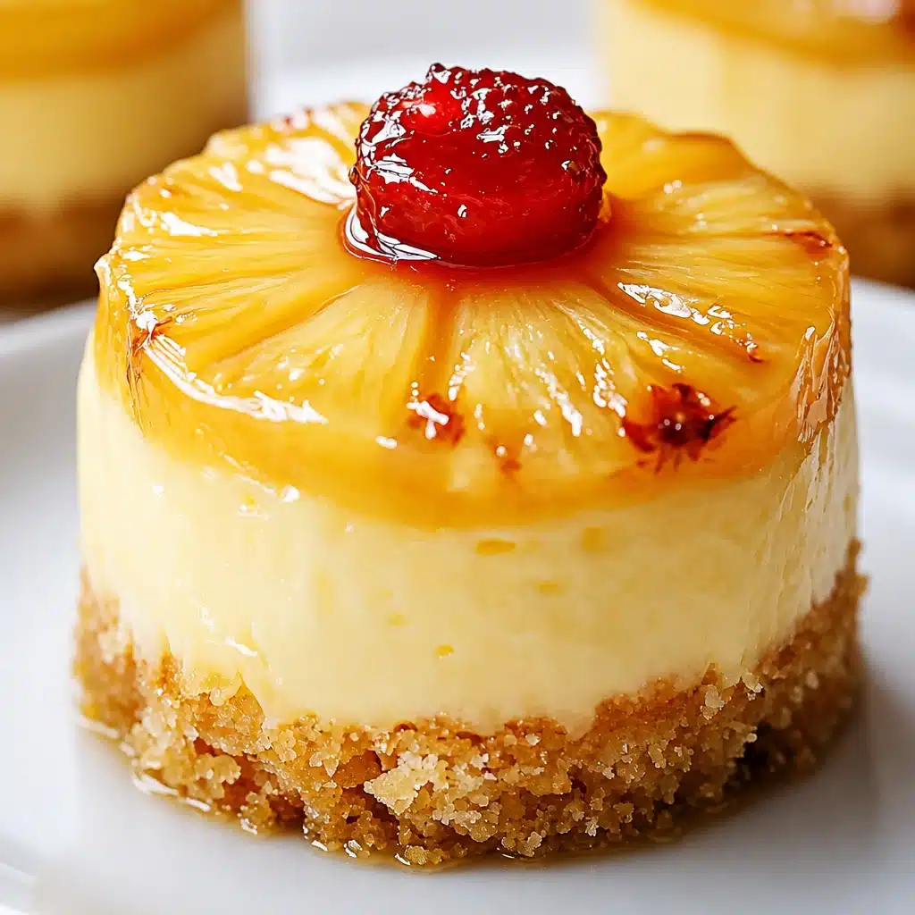 Mini Pineapple Upside-Down Cheesecakes topped with brown sugar pineapple rings and cherries.