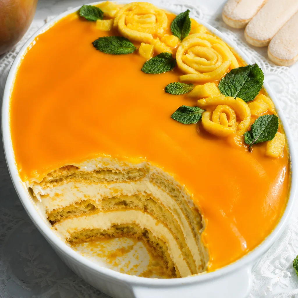 Delicious Mango Tiramisu with layers of ladyfingers and mango mascarpone cream.