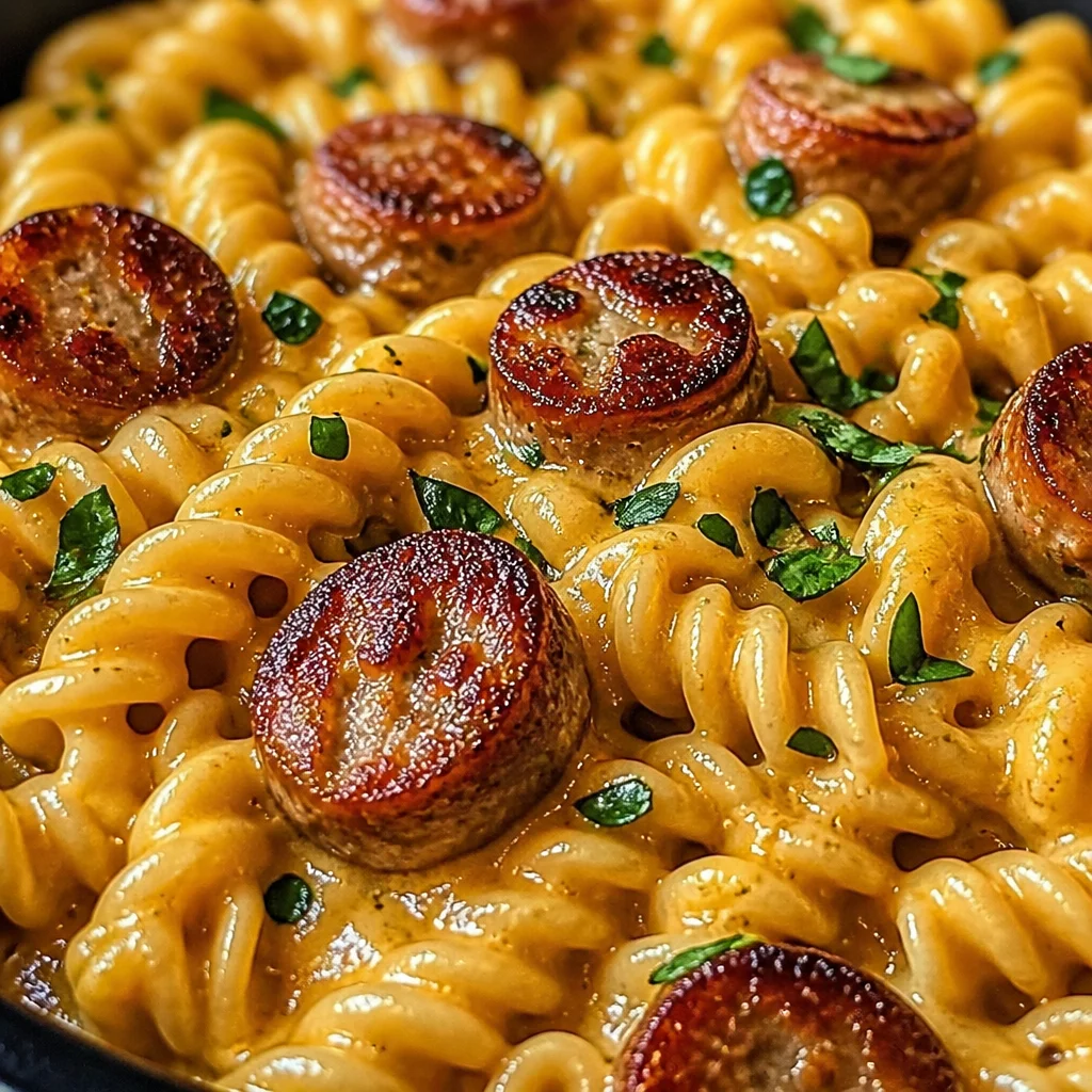 One-Pan White Cheddar Ranch Sausage Magic Pasta garnished with herbs and cheese.