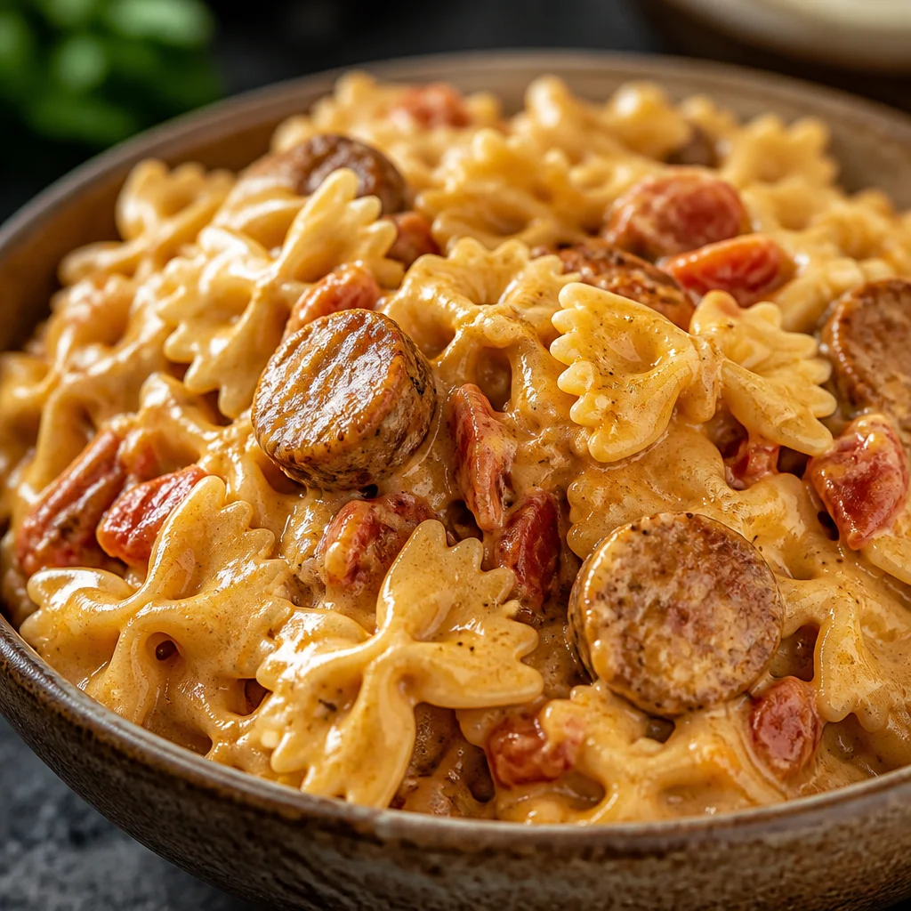 Delicious one pot creamy Cajun sausage pasta served in a bowl, garnished with parsley.