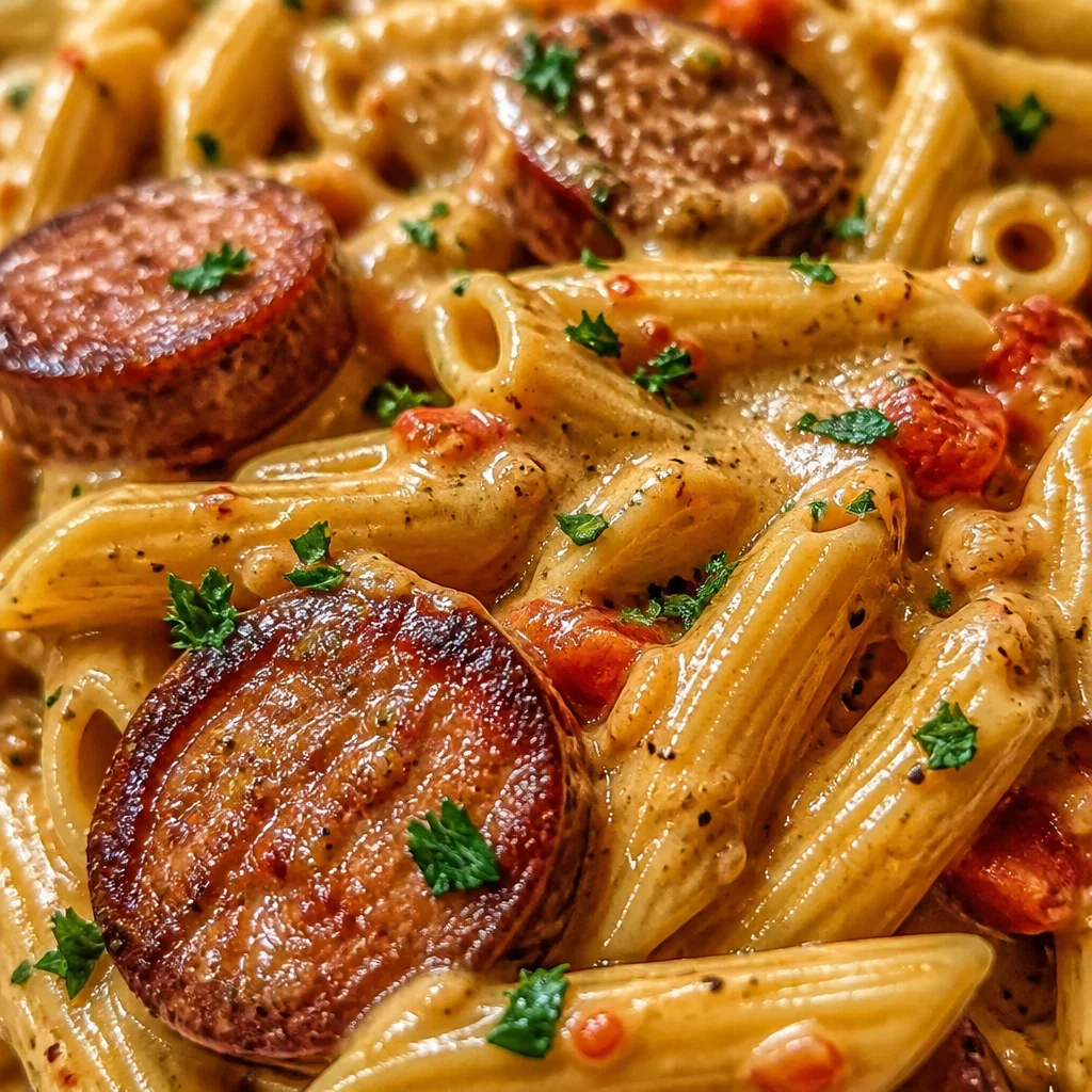 Creamy Spicy Cajun Sausage Pasta served in a bowl with fresh vegetables and herbs.