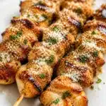 Grilled Ranch Garlic Parmesan Chicken Skewers on the grill, basted with garlic butter.