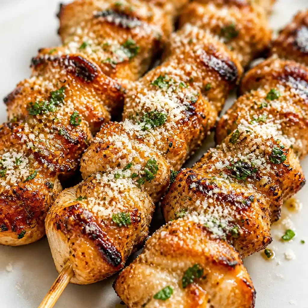 Grilled Ranch Garlic Parmesan Chicken Skewers on the grill, basted with garlic butter.