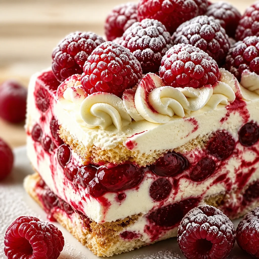 Delectable Raspberry Tiramisu Delight with layers of creamy mascarpone and fresh raspberries.