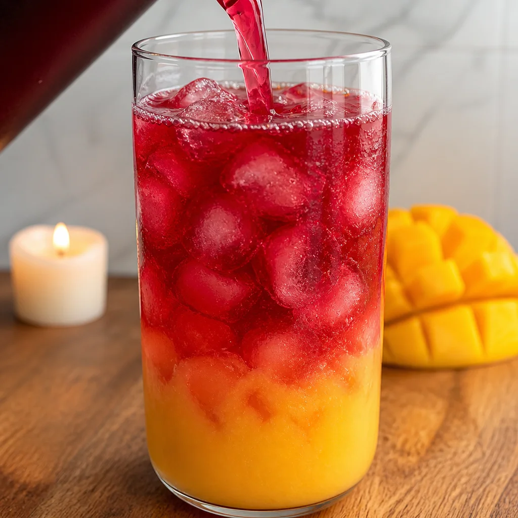 Refreshing Mango Hibiscus Tea with hibiscus flowers and tropical flavors, caffeine-free delight.