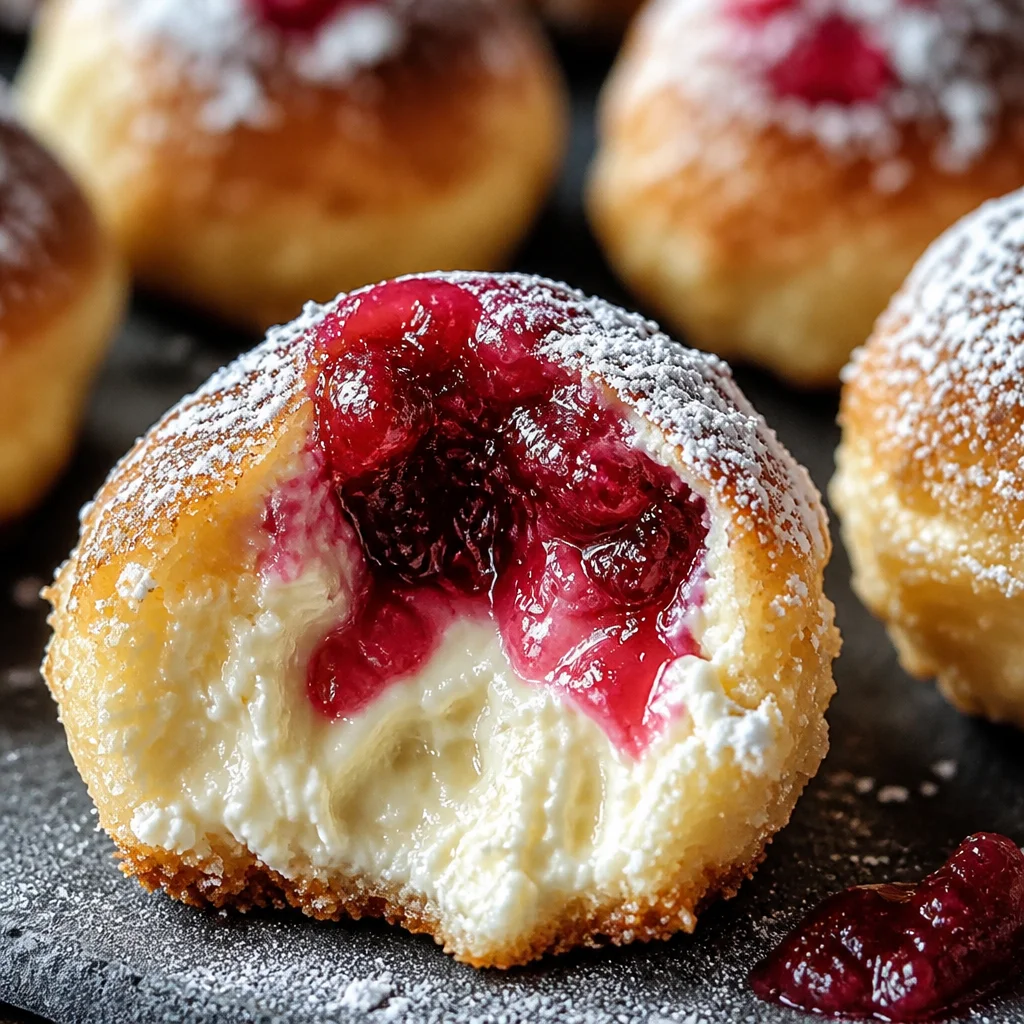Irresistible Rhubarb Cheesecake Bombs with creamy filling and rhubarb topping.