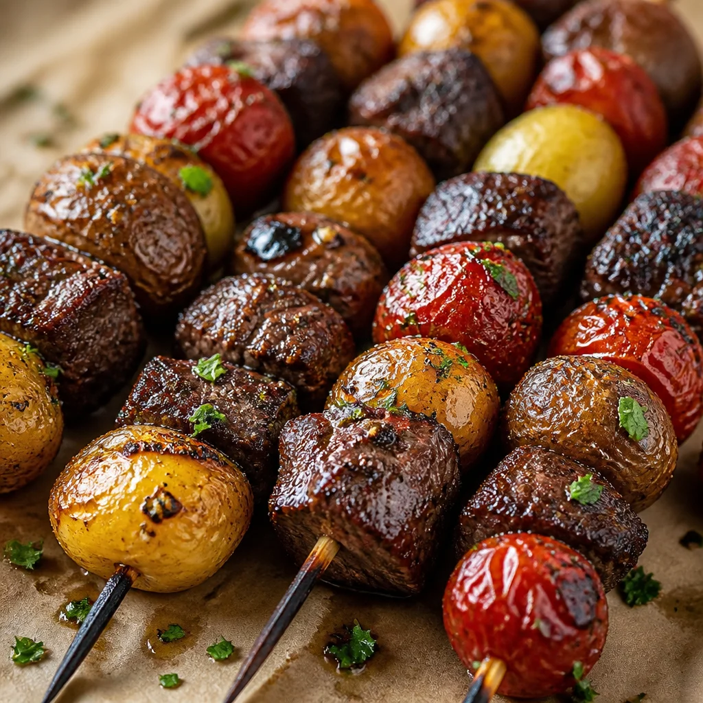 Rosemary Garlic Steak Kebabs grilled to perfection with vibrant vegetables.