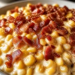 Easy Slow Cooker Cheddar Corn with Bacon in a serving dish, garnished with herbs.