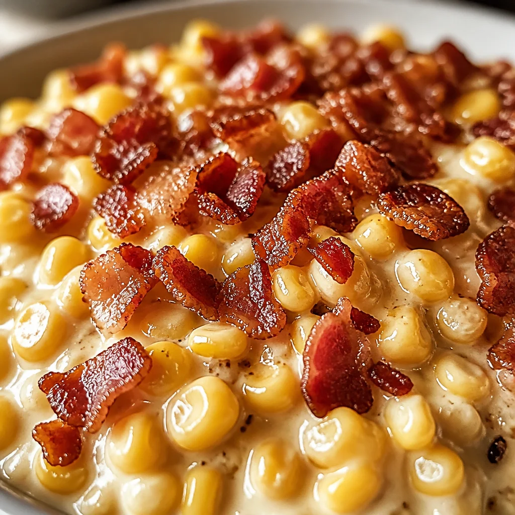 Easy Slow Cooker Cheddar Corn with Bacon in a serving dish, garnished with herbs.