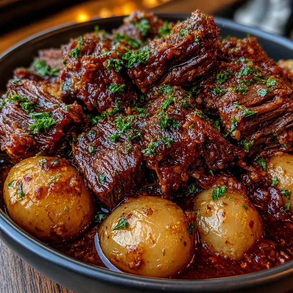 Delicious Slow Cooker Garlic Butter Beef with tender potatoes served in a rich sauce.
