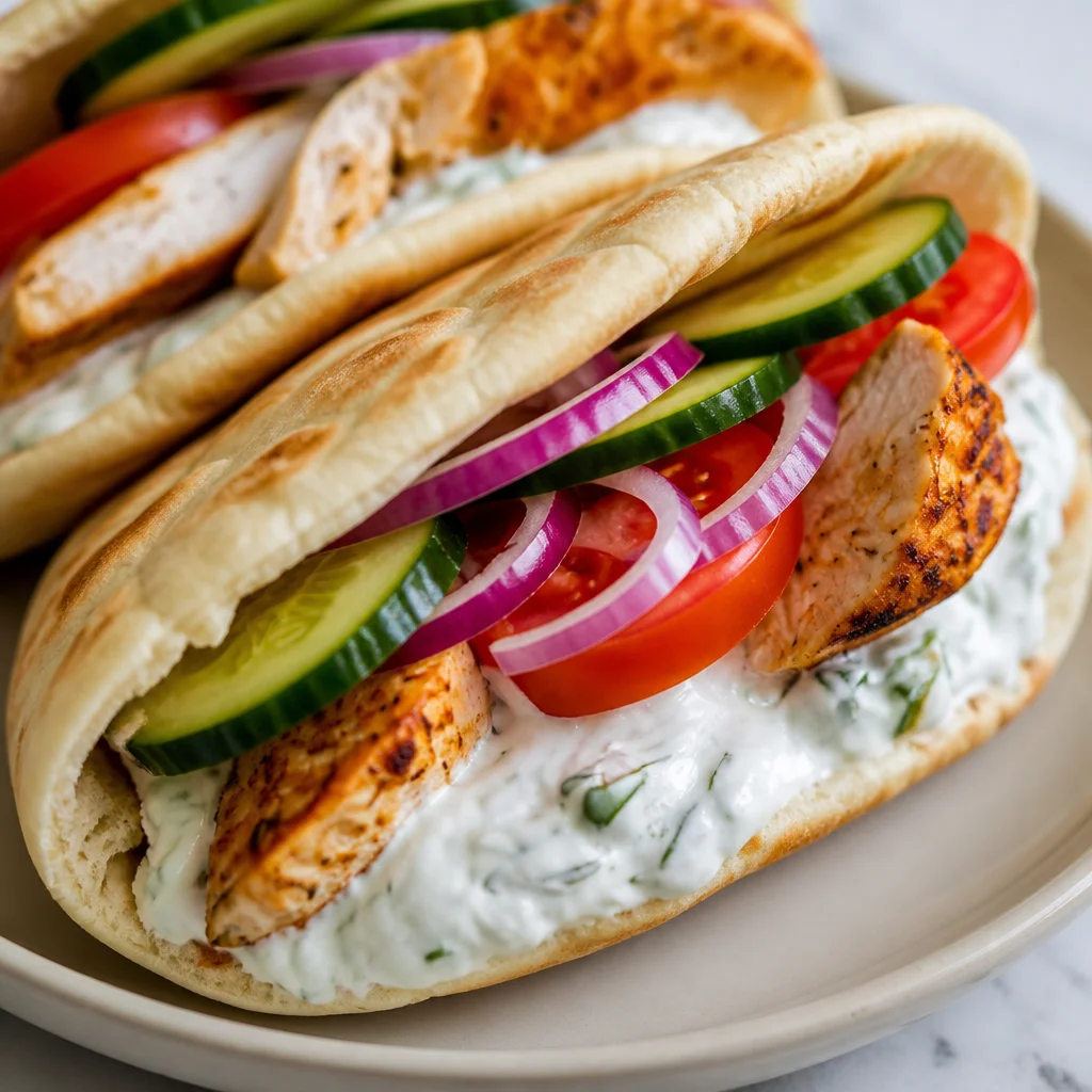 Crockpot Greek Chicken Pitas served with homemade tzatziki sauce and fresh veggies.
