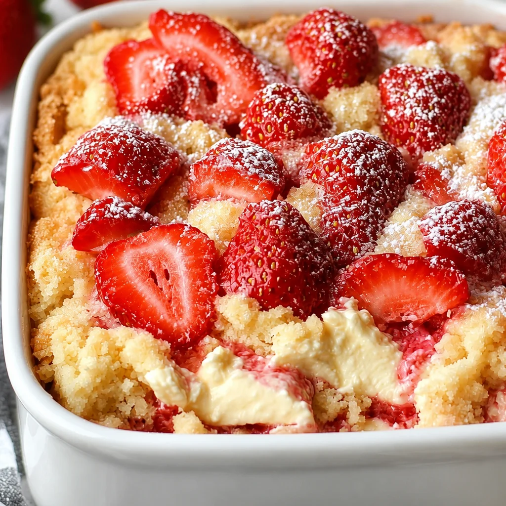 Delicious Strawberry Cheesecake Dump Cake with strawberries and creamy filling
