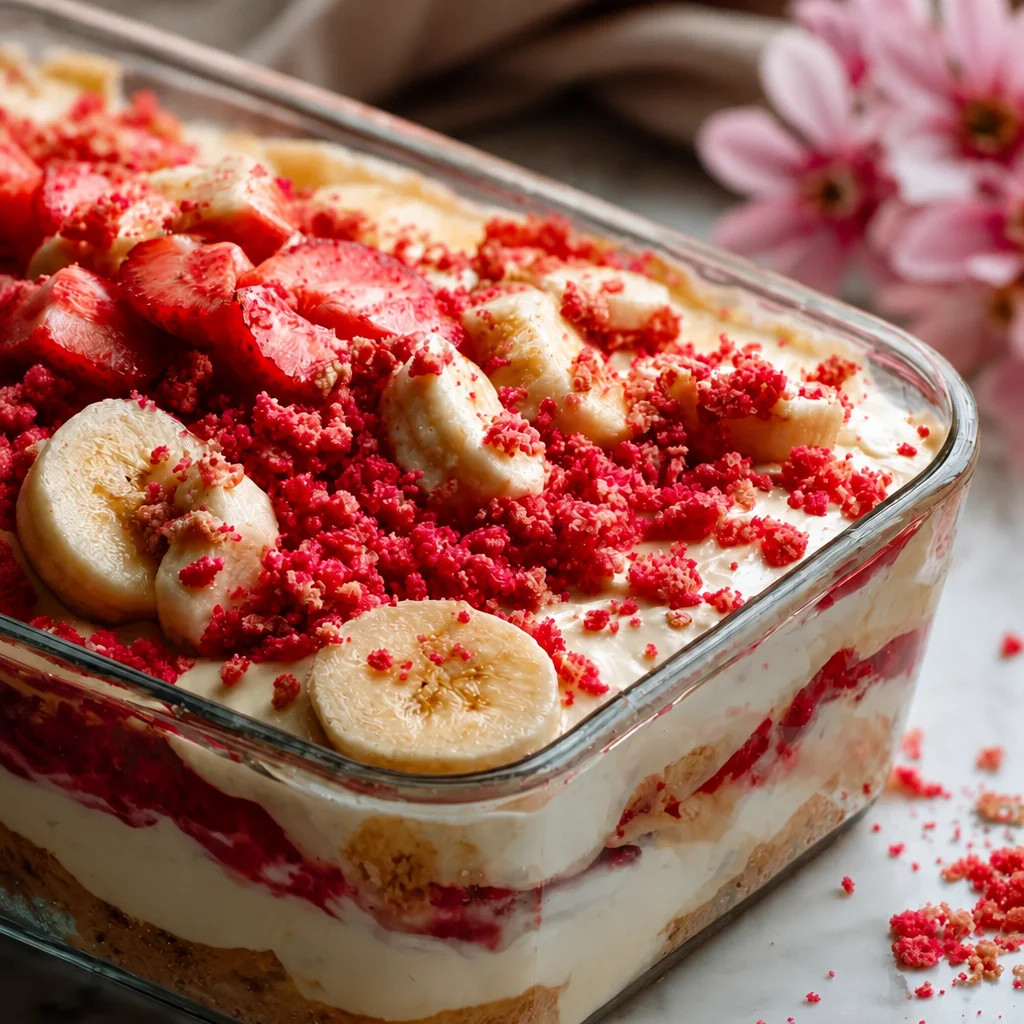 Delicious Strawberry Crunch Banana Pudding with layers of strawberries, bananas, and shortcake topping.