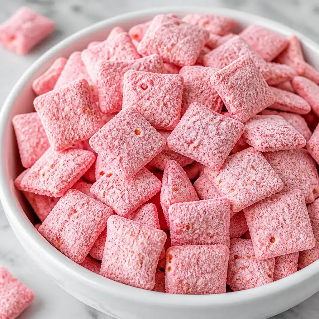 Fluffy Strawberry Shortcake Puppy Chow in a bowl, showcasing its colorful and crunchy texture.