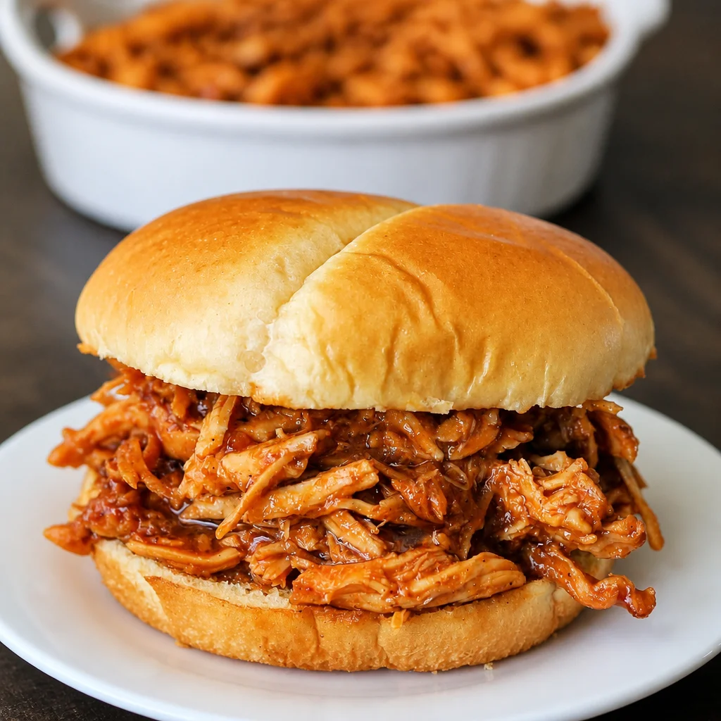 Tender Crockpot BBQ chicken shredded and served with barbecue sauce in a slow cooker.