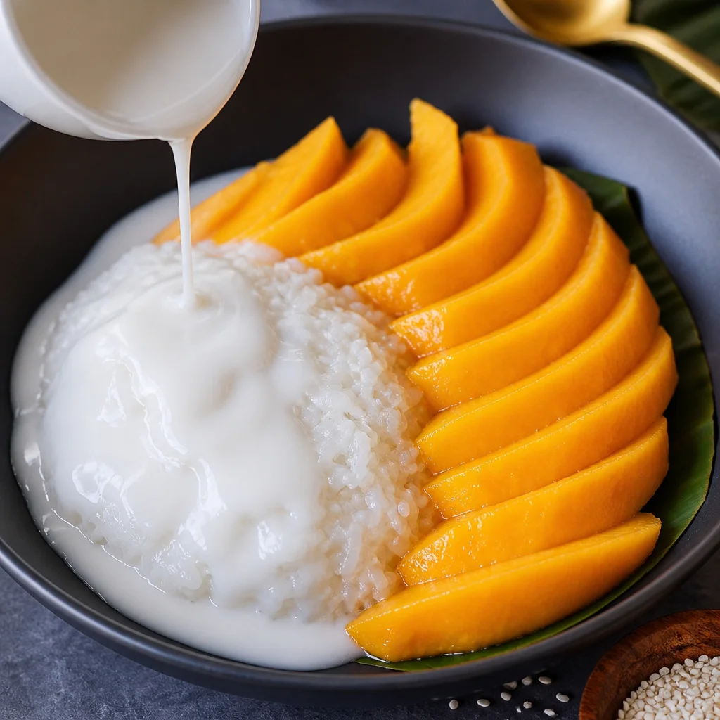 Delicious mango sticky rice dessert with ripe mango and coconut sauce.