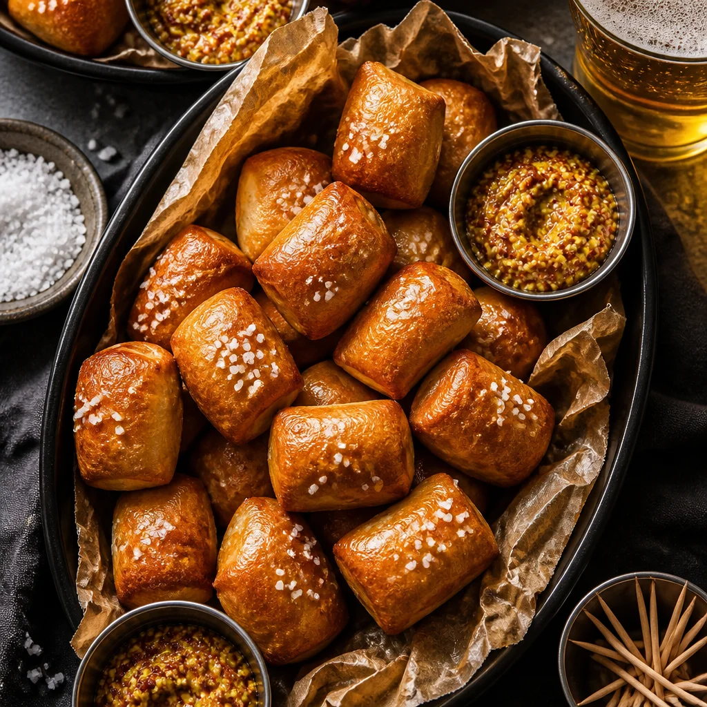 Golden brown air fryer pretzel bites served as a delicious snack.