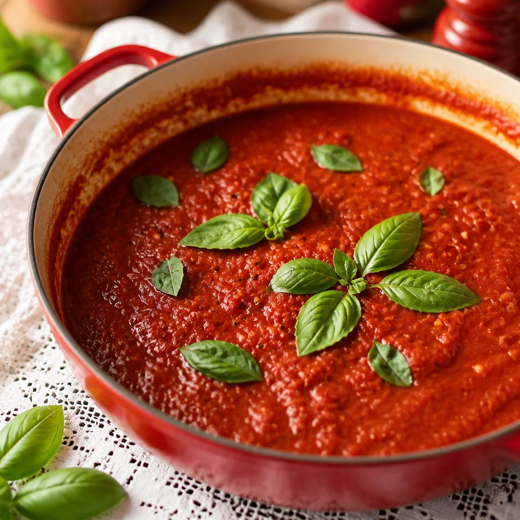 A bowl of homemade best Italian Marinara sauce with tomatoes and basil.