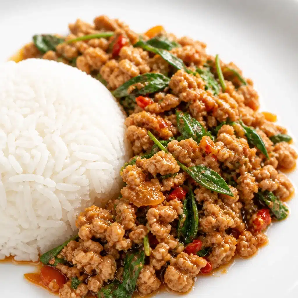 Delicious Thai Basil Chicken stir-fry with chicken, garlic, and chilies served with rice.