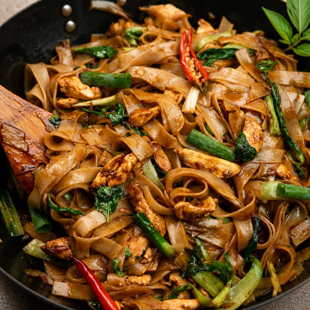 Delicious Thai Drunken Noodles stir-fry with rice noodles, vegetables, and spices.
