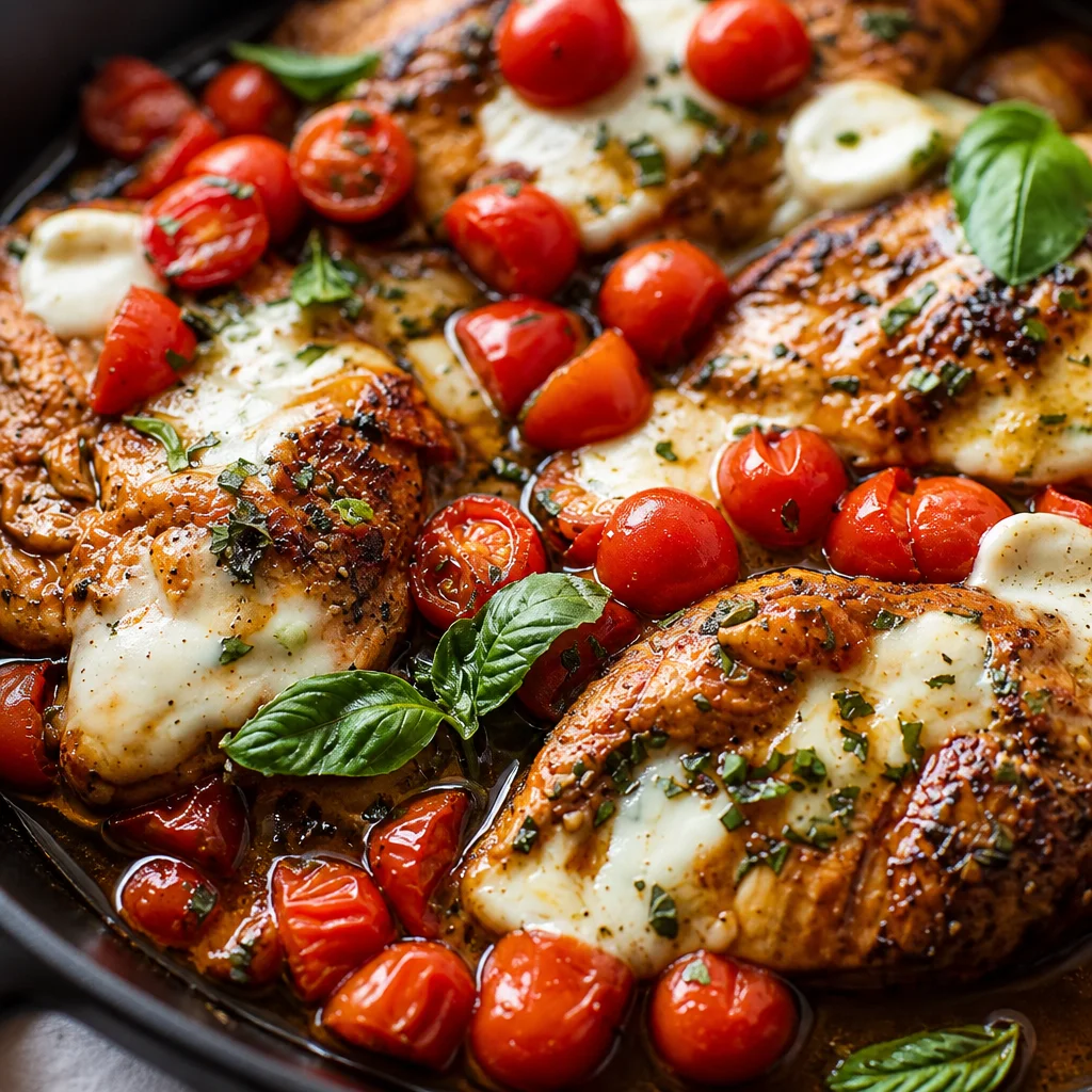 One Pan Balsamic Chicken with tomatoes and veggies, healthy and easy 30-minute recipe.