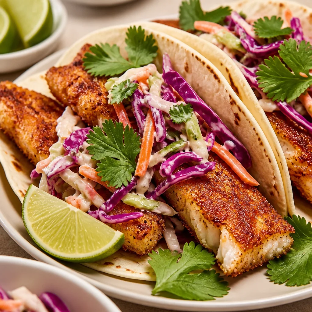 Crispy Air Fryer Fish Tacos served with cilantro lime slaw and mango pico