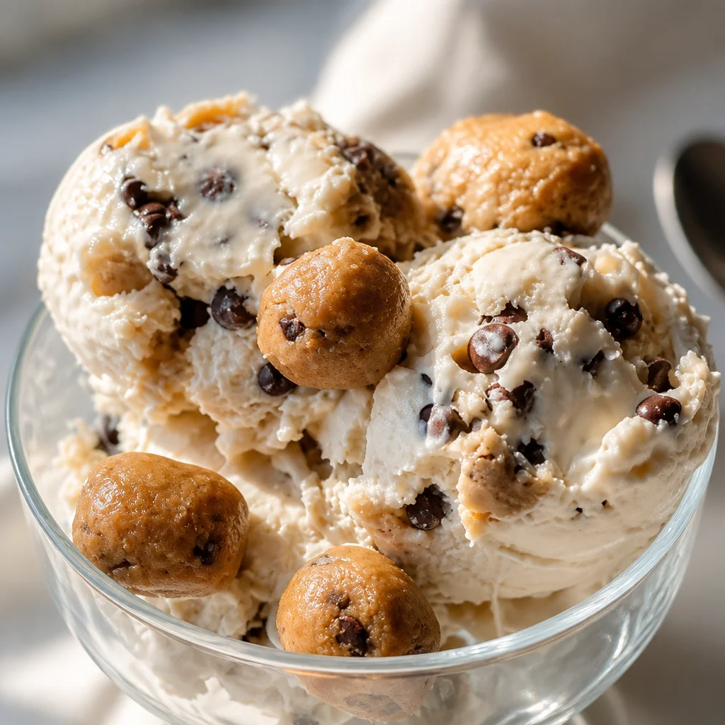 Delicious homemade cookie dough ice cream with chocolate chips and cookie dough chunks