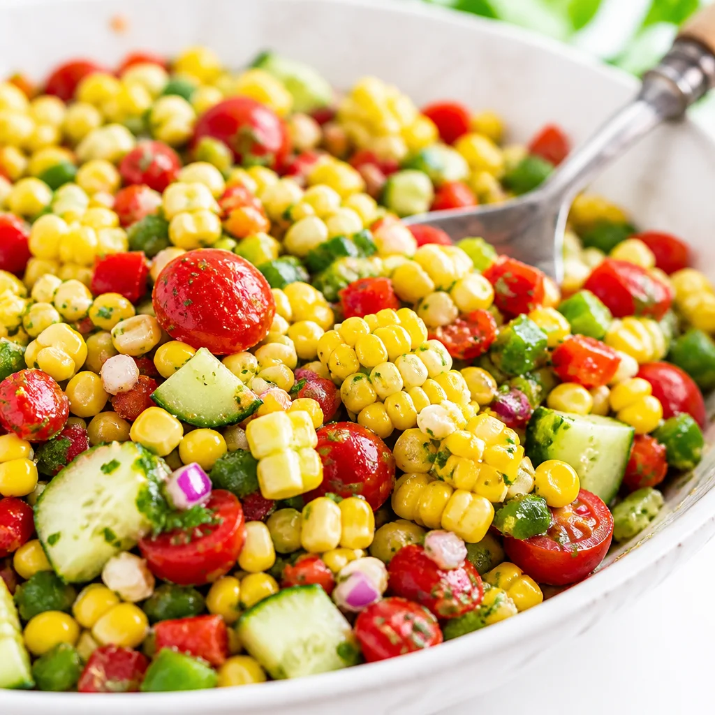 Colorful summer corn salad with fresh vegetables and feta cheese.