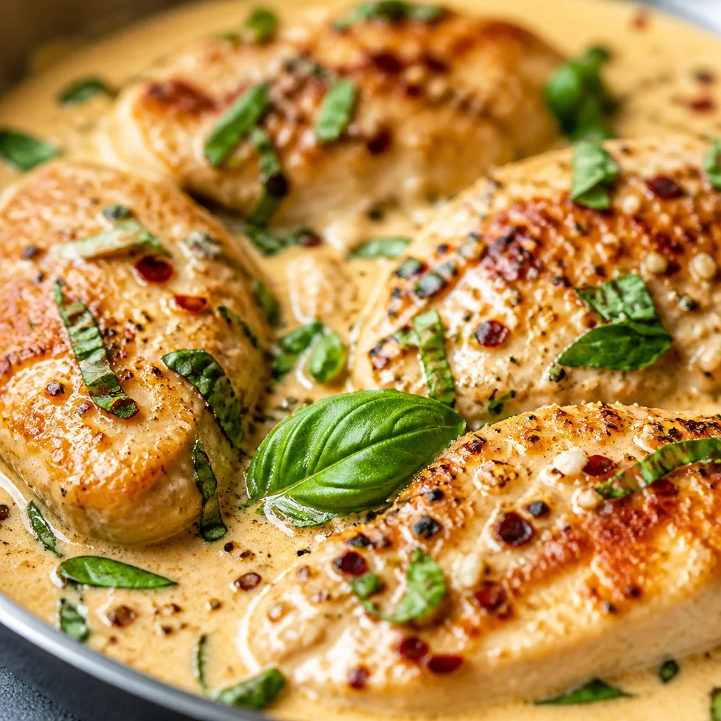 Creamy Parmesan Basil Chicken dish garnished with fresh basil leaves.
