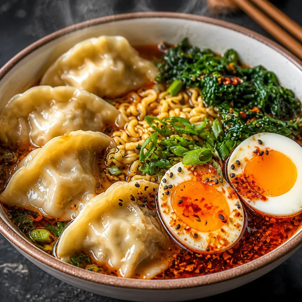 Savory Dumpling Ramen Bowl topped with soft-boiled eggs and fresh greens in a rich broth.