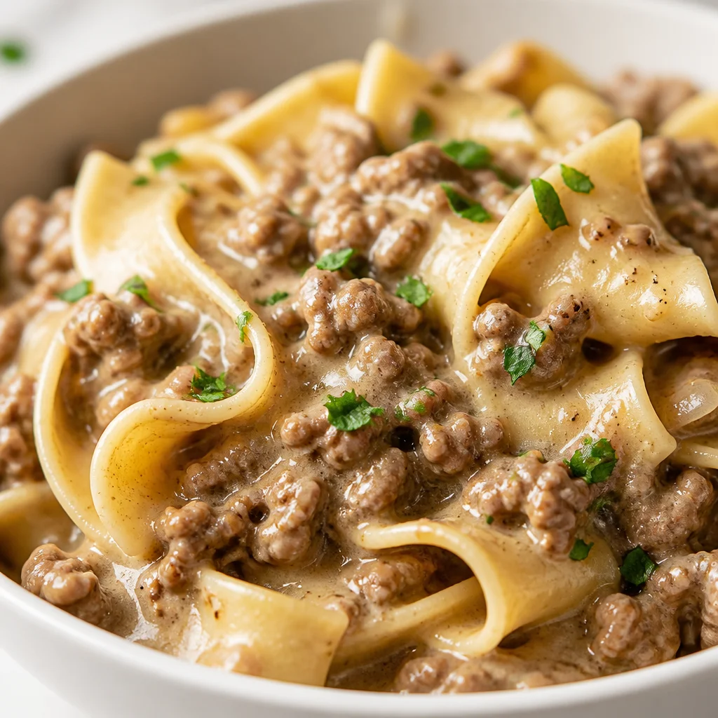 A delicious plate of homemade Beef and Noodles, served with a rich gravy.