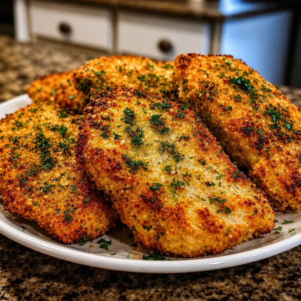Deliciously baked Garlic Parmesan Crusted Chicken Breasts with crispy coating