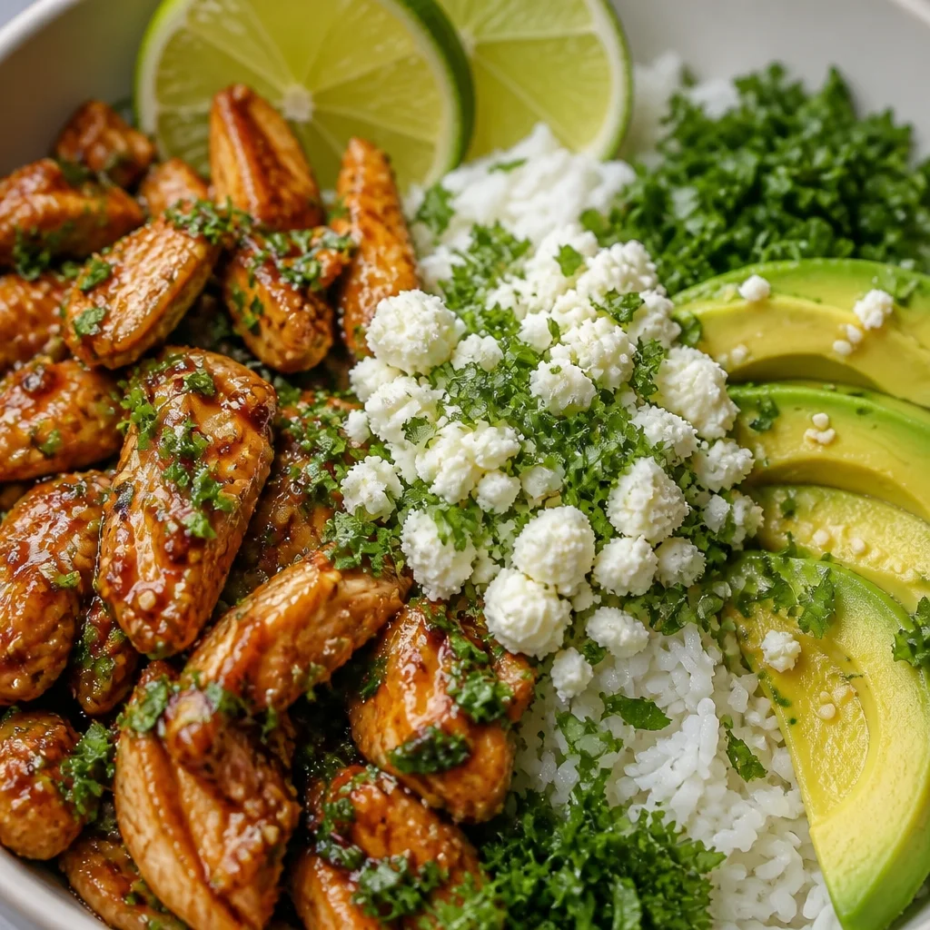 Honey Lime Chicken Avocado Rice Bowl with avocado, rice, and sliced chicken