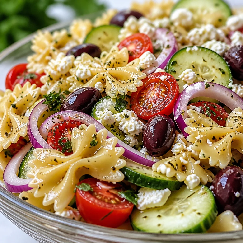 Tangy Mediterranean Pasta Salad with feta, veggies, and zesty dressing.
