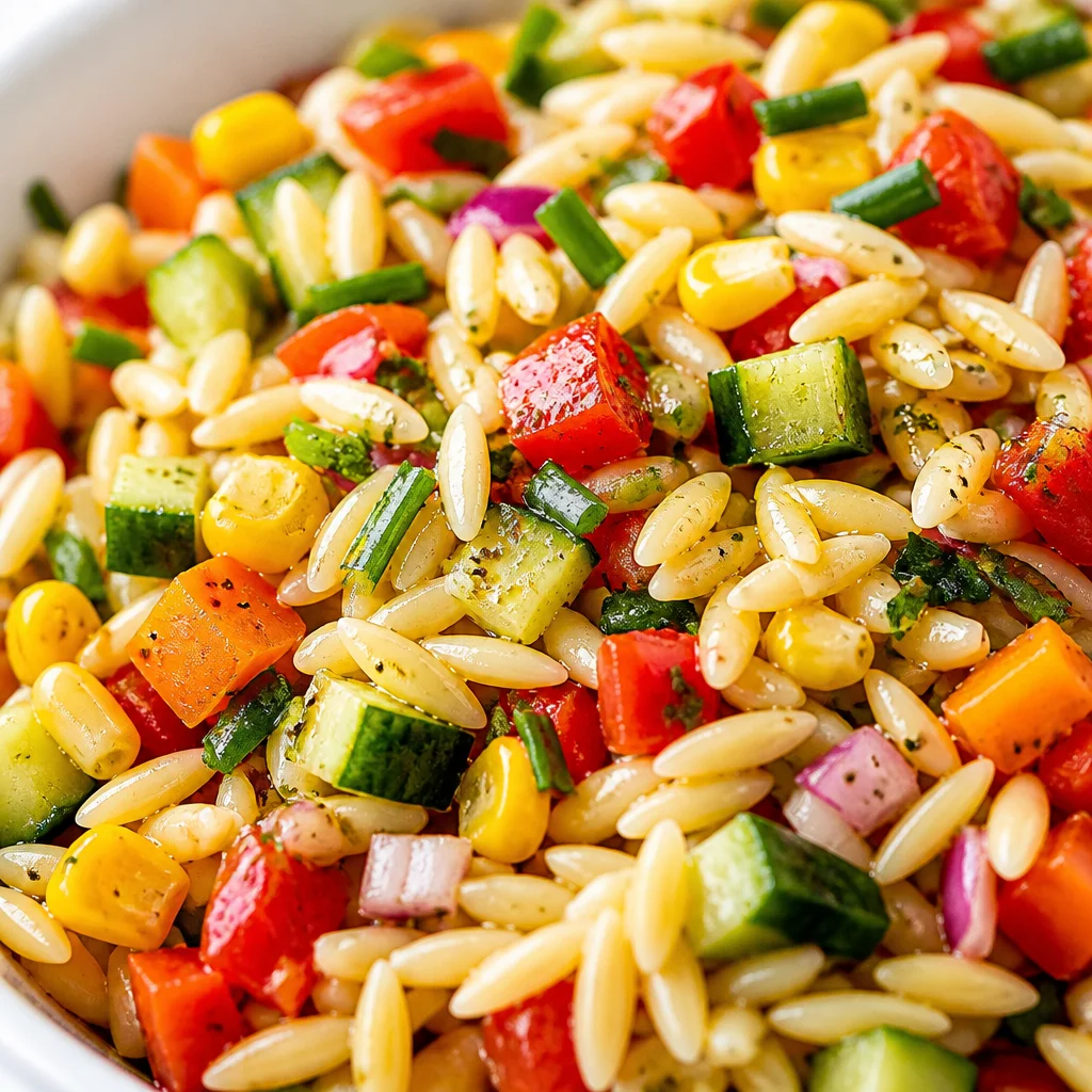 Delicious Orzo Pasta Salad with fresh vegetables, chickpeas, and feta cheese.