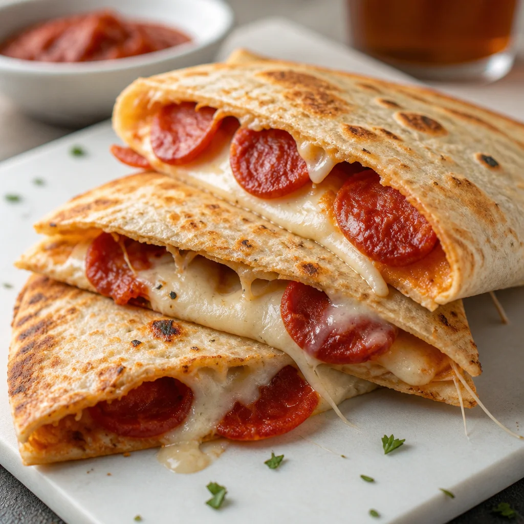 Delicious 5-Minute Pepperoni Pizza Quesadilla ready to serve.