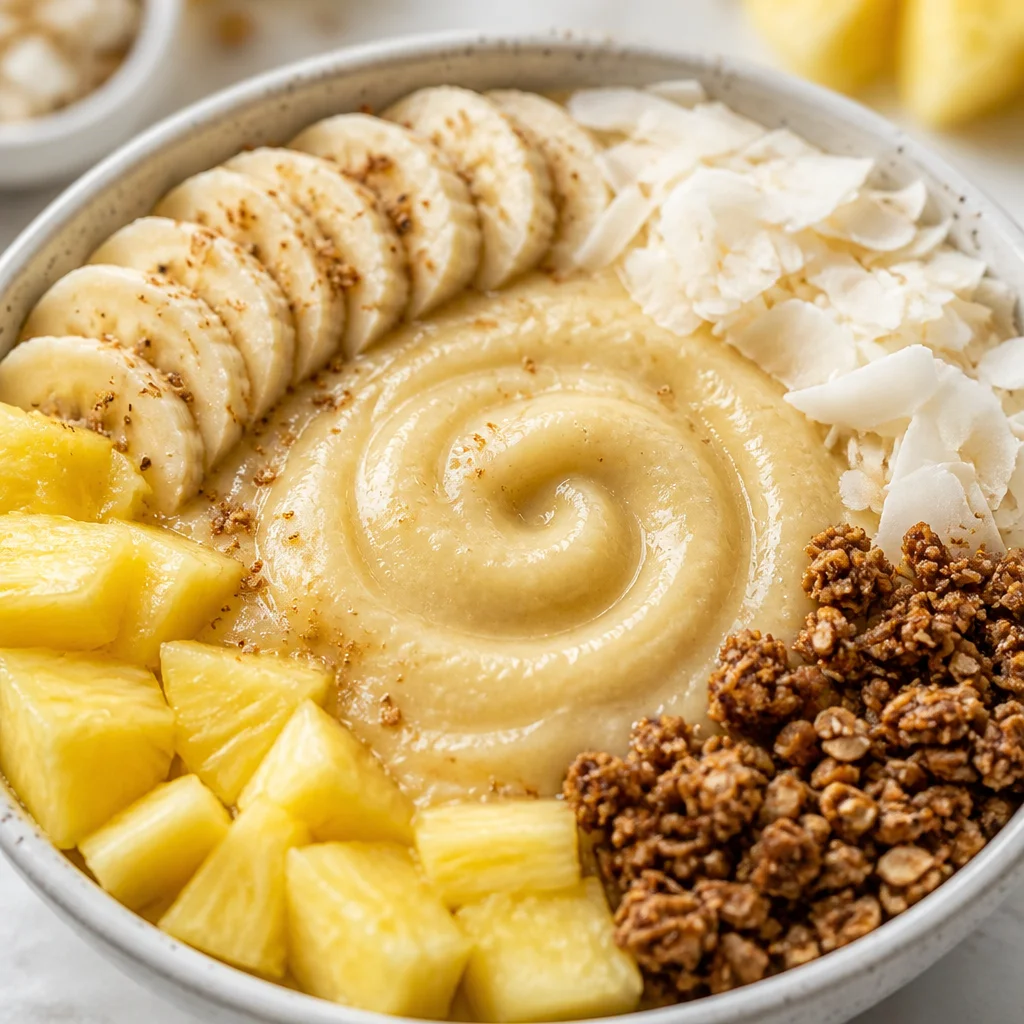 Delicious Piña Colada Smoothie Bowl topped with coconut and fresh fruit.