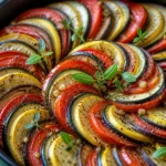 Baked Ratatouille with fresh vegetables and herbs in a colorful presentation