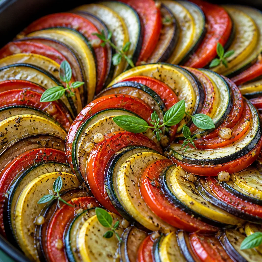 Baked Ratatouille with fresh vegetables and herbs in a colorful presentation