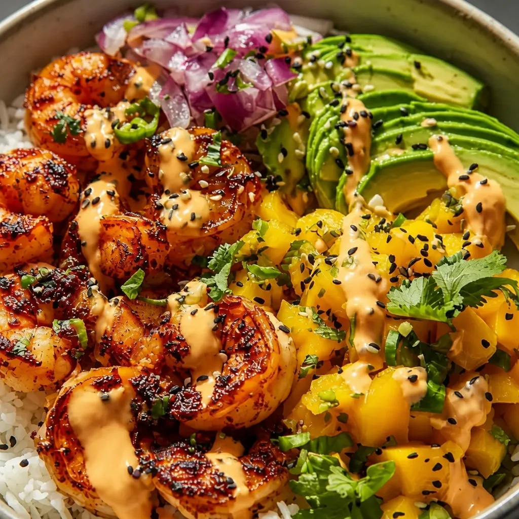 Healthy Shrimp & Avocado Bowls with quinoa, veggies, and creamy lime sauce.