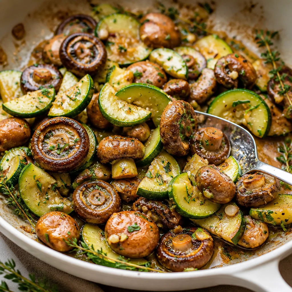 Sautéed zucchini and mushrooms garnished with garlic and herbs in a skillet.