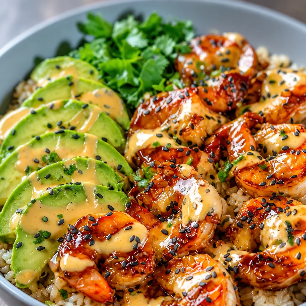 Delicious Teriyaki Shrimp Rice Bowls topped with avocado and vibrant veggies.
