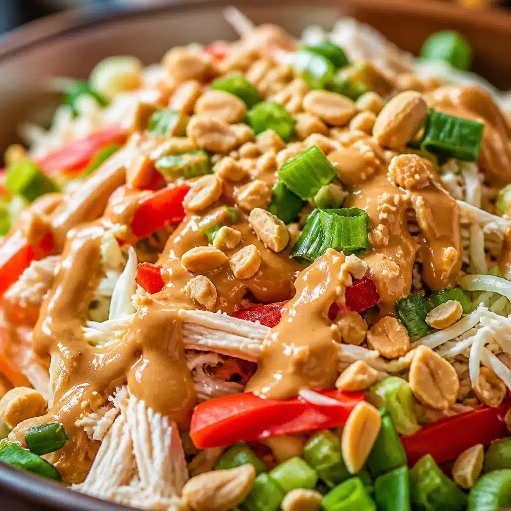 Vibrant Thai Chicken Salad with crunchy veggies and peanut dressing served in a bowl.